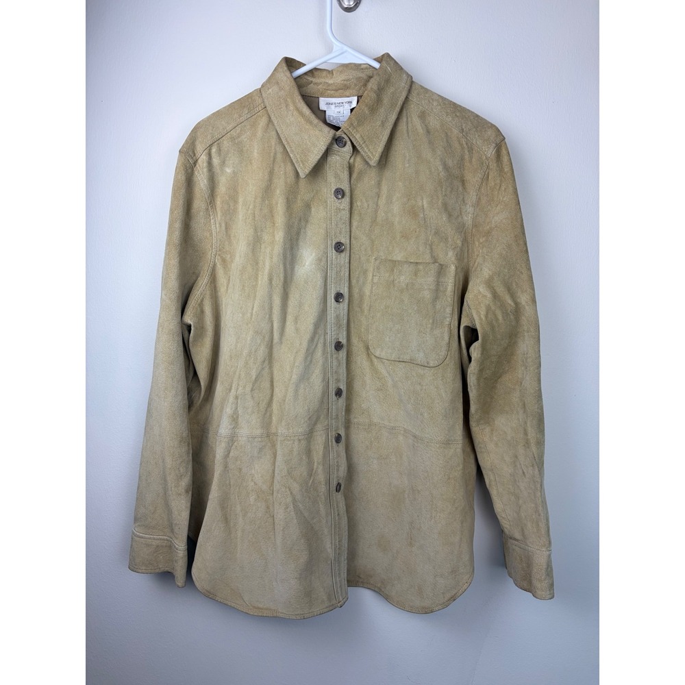 Vintage 90s Jones New York Sport Button Up Leather Shirt 1X Tan Western Shacket